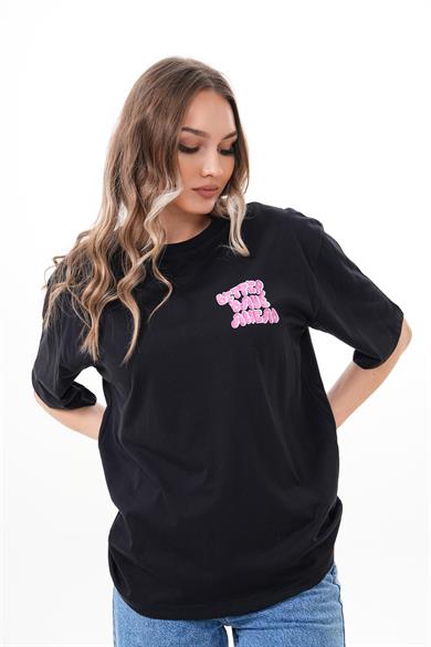Kadın Sırt Baskı Detaylı Bisiklet Yaka Oversize Tişört 250151 -