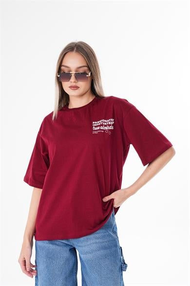 Kadın Sırt Baskı Detaylı Bisiklet Yaka Oversize Tişört 250101 -