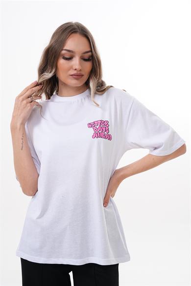 Kadın Sırt Baskı Detaylı Bisiklet Yaka Oversize Tişört 250151 -