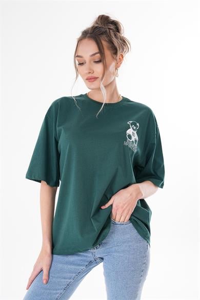 Kadın Sırt Baskı Detaylı Bisiklet Yaka Oversize Tişört 250182 -