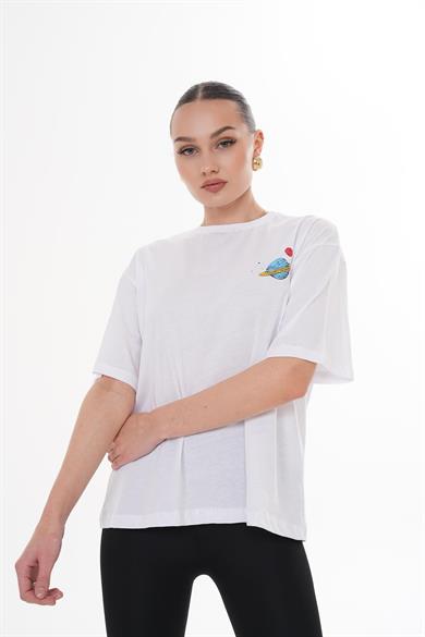 Kadın Sırt Baskı Detaylı Bisiklet Yaka Oversize Tişört 250155 -