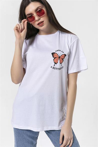 Kadın Sırt Baskı Detaylı Bisiklet Yaka Oversize T-Shirt