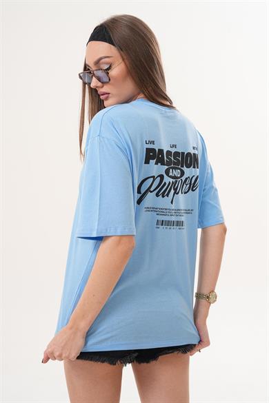 Kadın Sırt Baskı Detaylı Bisiklet Yaka Oversize Tişört 260337 -