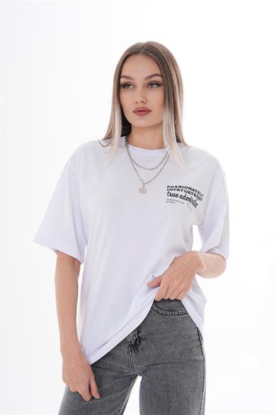 Kadın Sırt Baskı Detaylı Bisiklet Yaka Oversize Tişört 250101 -