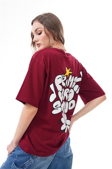 Kadın Sırt Baskı Detaylı Bisiklet Yaka Oversize Tişört 260383 -