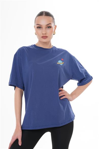 Kadın Sırt Baskı Detaylı Bisiklet Yaka Oversize Tişört 250155 -