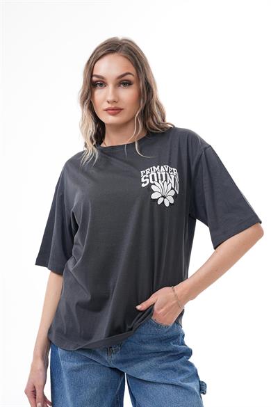 Kadın Sırt Baskı Detaylı Bisiklet Yaka Oversize Tişört 260383 -