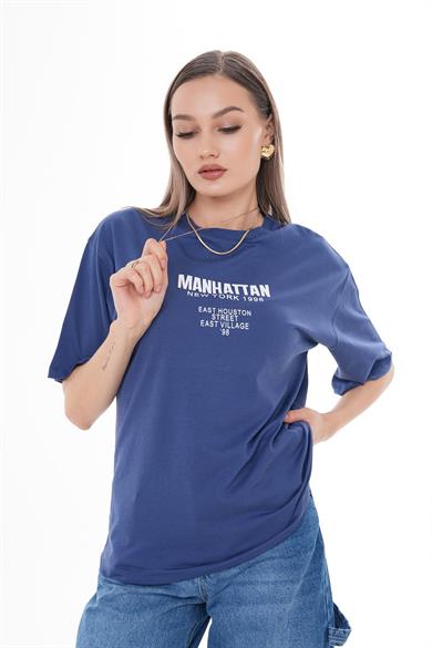 Kadın Sırt Baskı Detaylı Bisiklet Yaka Oversize Tişört 250147 -