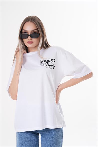 Kadın Sırt Baskı Detaylı Bisiklet Yaka Oversize Tişört 250113 -