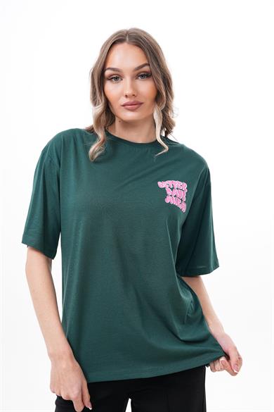 Kadın Sırt Baskı Detaylı Bisiklet Yaka Oversize Tişört 250151 -