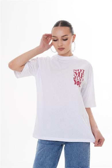 Kadın Sırt Baskı Detaylı Bisiklet Yaka Oversize Tişört 250150 -