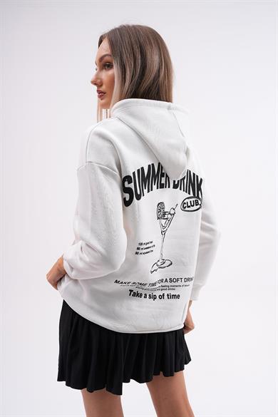 Kadın Sırt Baskı Detaylı Kapüşonlu Kanguru Cepli Üç İplik Sweatshirt 255026 -