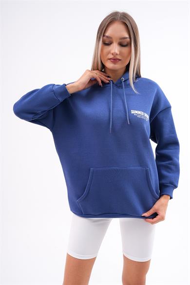 Kadın Sırt Baskı Detaylı Kapüşonlu Kanguru Cepli Üç İplik Sweatshirt 255026 -