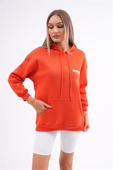 Kadın Sırt Baskı Detaylı Kapüşonlu Kanguru Cepli Üç İplik Sweatshirt 255026 -