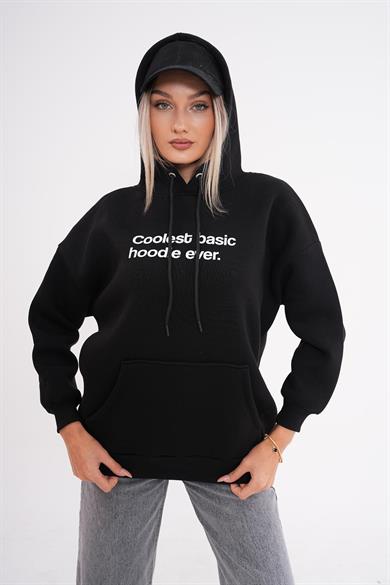 Kadın Sırt Baskı Detaylı Kapüşonlu Kanguru Cepli Üç İplik Sweatshirt 245207 -