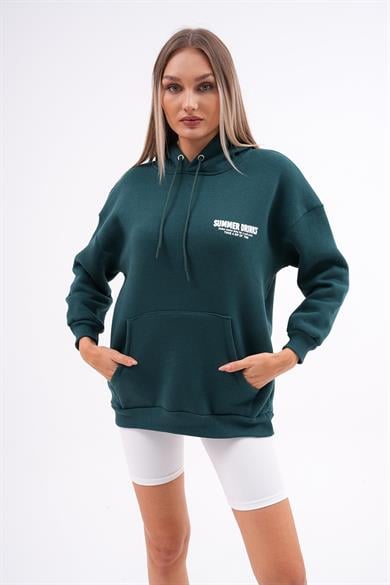 Kadın Sırt Baskı Detaylı Kapüşonlu Kanguru Cepli Üç İplik Sweatshirt 255026 -