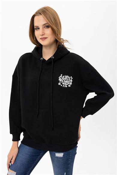 Kadın Sırt Baskı Detaylı Kapüşonlu Üç İplik Oversize Sweatshirt