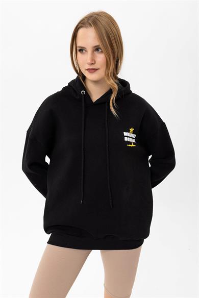 Kadın Sırt Baskı Detaylı Kapüşonlu Üç İplik Oversize Sweatshirt