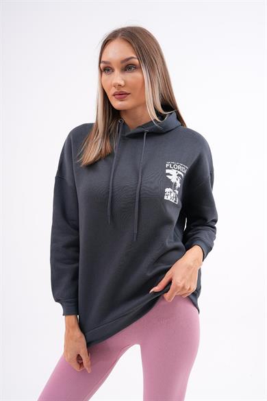 Kadın Sırt Baskı Detaylı Kapüşonlu Üç İplik Sweatshirt 245128 -