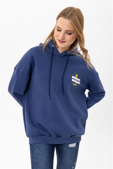 Kadın Sırt Baskı Detaylı Kapüşonlu Üç İplik Oversize Sweatshirt