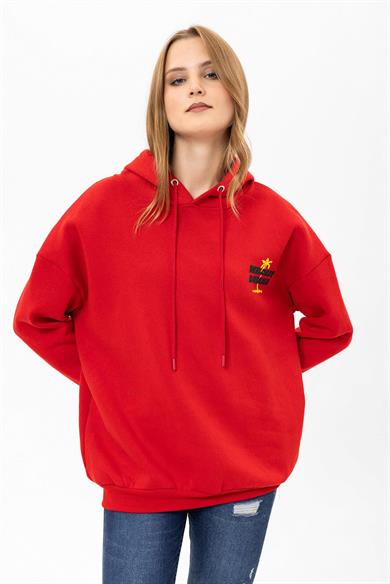 Kadın Sırt Baskı Detaylı Kapüşonlu Üç İplik Oversize Sweatshirt