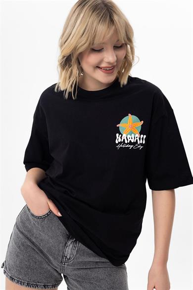 Kadın Sırt Baskı Detaylı Oversize Tişört