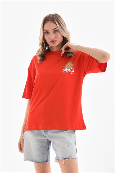 Kadın Sırt Baskı Detaylı Oversize Tişört