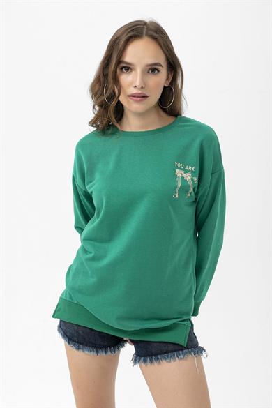 Kadın Sırt Baskı Detaylı Yan Yırtmaçlı Oversize Sweatshirt 255309
