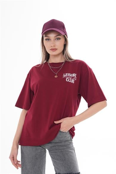 Kadın Sırt Baskılı Bisiklet Yaka Oversize Tişört 250111 -