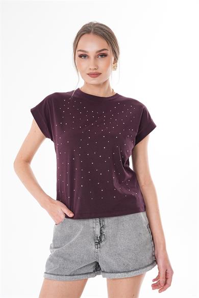 Kadın Taş Detaylı Bisiklet Yaka Oversize Tişört 260376 -