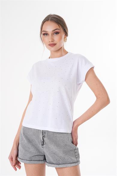 Kadın Taş Detaylı Bisiklet Yaka Oversize Tişört 260376 -