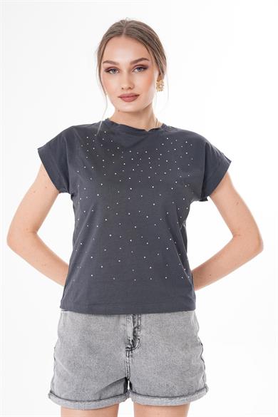 Kadın Taş Detaylı Bisiklet Yaka Oversize Tişört 260376 -