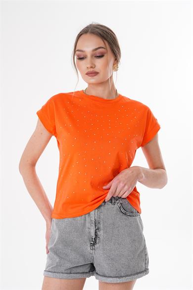 Kadın Taş Detaylı Bisiklet Yaka Oversize Tişört 260376 -