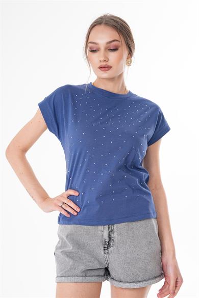 Kadın Taş Detaylı Bisiklet Yaka Oversize Tişört 260376 -
