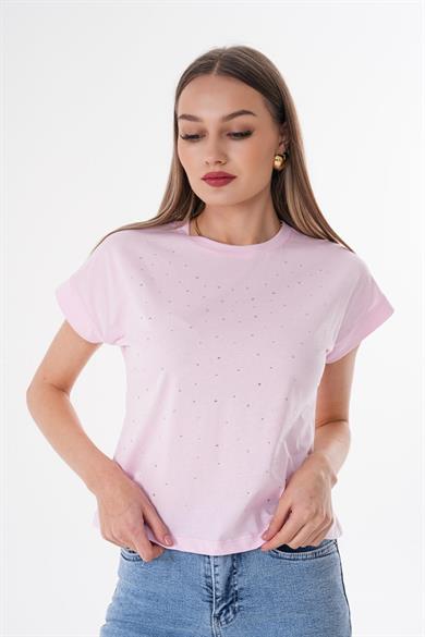 Kadın Taş Detaylı Bisiklet Yaka Oversize Tişört 260376 -