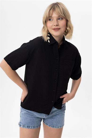 Kadın Tek Cepli Oversize Keten Gömlek