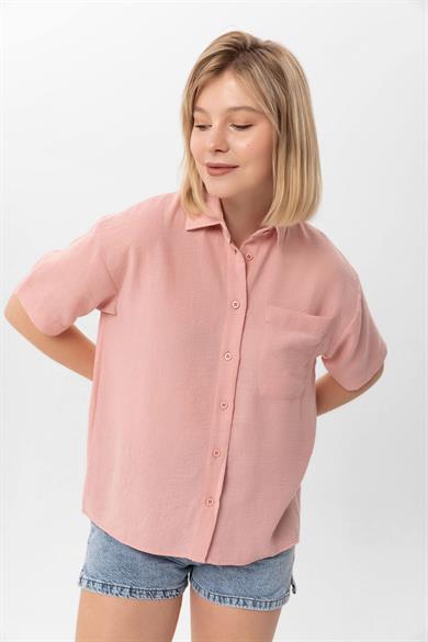 Kadın Tek Cepli Oversize Keten Gömlek