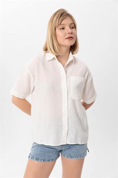 Kadın Tek Cepli Oversize Keten Gömlek