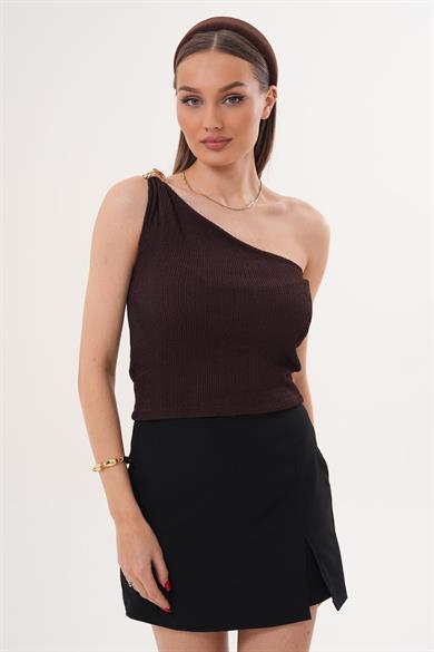 Kadın Tek Omuz Askılı Tokalı Kısa Bluz - 260109