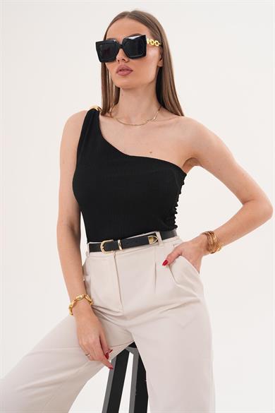 Kadın Tek Omuz Askılı Tokalı Kısa Bluz - 260109