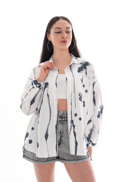 Kadın Torba Cepli Boya Desenli Gömlek 260209 -