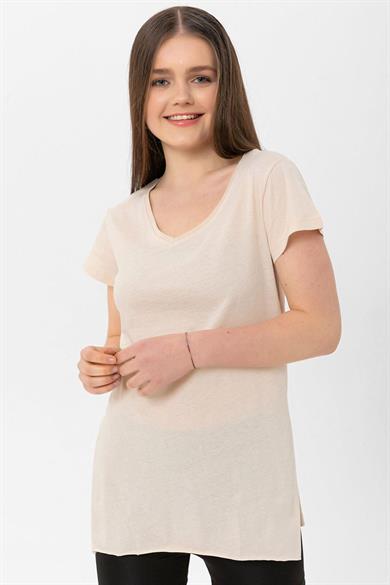 Kadın V Yaka Yan Yırtmaçlı Tişört 220016 -