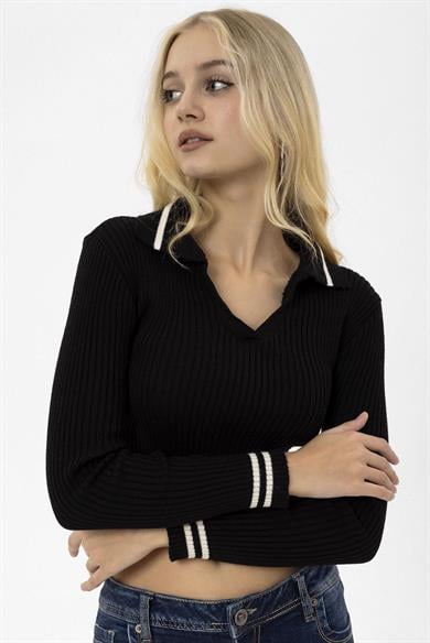 Kadın Yaka Çizgi Detaylı Polo Yaka Fitilli Crop Kazak