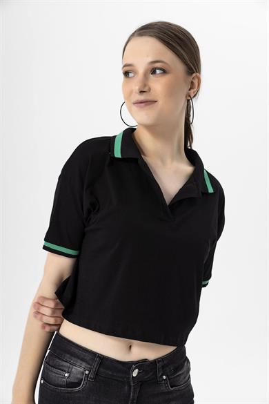 Kadın Yaka Kol Çizgi Detaylı Kısa Oversize Tişört