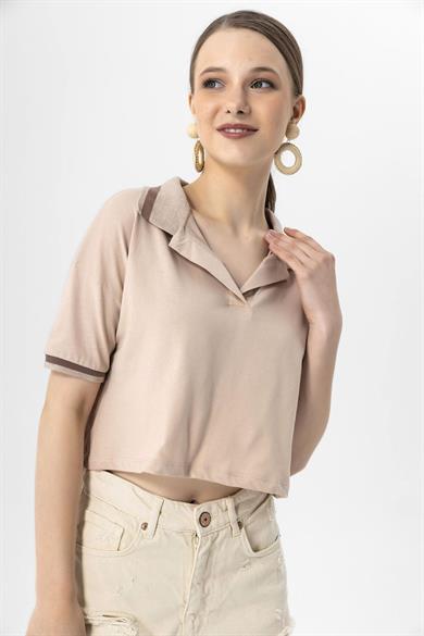 Kadın Yaka Kol Çizgi Detaylı Kısa Oversize Tişört