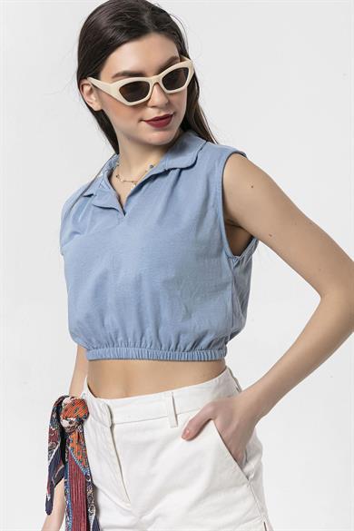 Kadın Yakalı Alt Lastik Detaylı T-Shirt