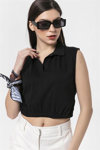 Kadın Yakalı Alt Lastik Detaylı T-Shirt