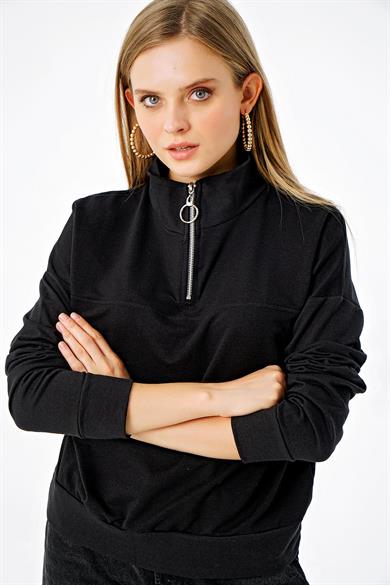 Kadın Yakası Fermuarlı Dik Yaka Sweatshirt