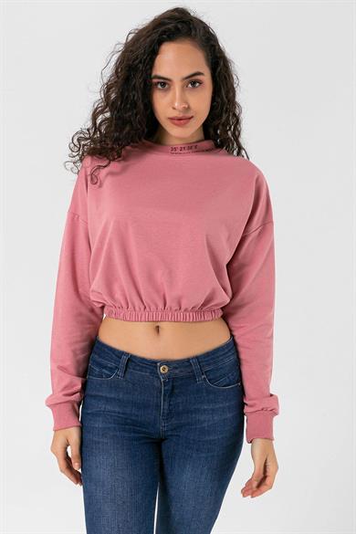 Kadın Yakası Yazılı Beli Lastikli Kısa Sweatshirt