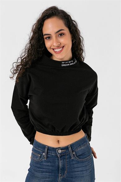 Kadın Yakası Yazılı Beli Lastikli Kısa Sweatshirt